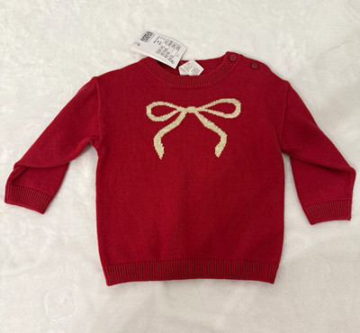 H&M Baby Knit Pullover Sweater Crew Neck Long Sleeve Red/Beige Bow 6-9M
