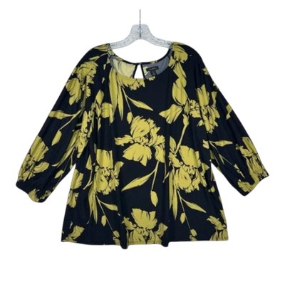 HALOGEN 2X Plus Size Black Yellow Floral Blouse Keyhole Back Balloon Sleeve