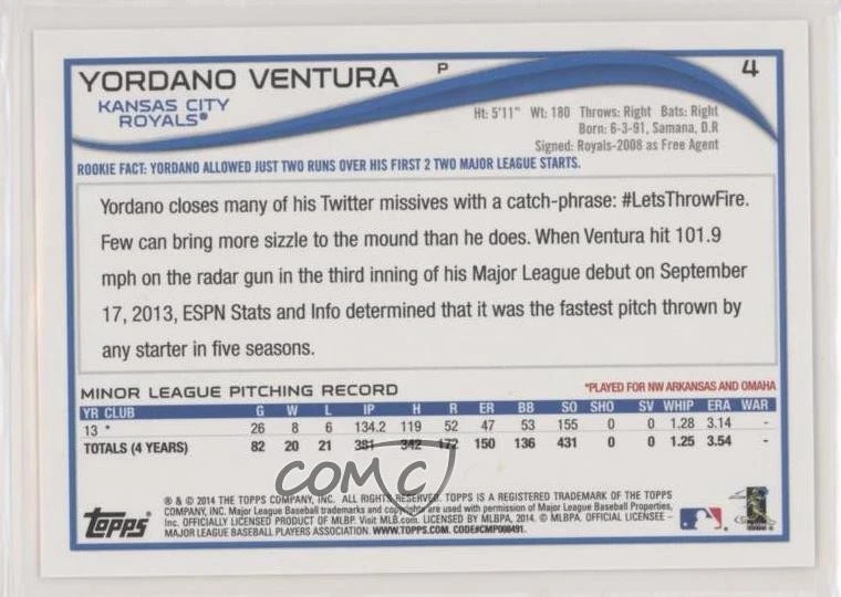 2014 Topps Opening Day Yordano Ventura #4 Rookie RC - Image 2 of 2
