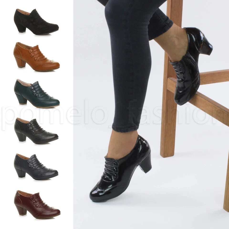 AJVANI Damen Ladies Mid Heel Button Brogues 50er 60er Vintage Style Stiefeletten Schuh Boots