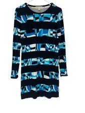 Michael Kors Dress S Black/blue geometric round neck long sleeve rayon/spandex