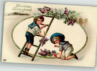 38151999 - Zwei Kinder pfluecken auf einer Leiter stehend Flieder E.A.S.