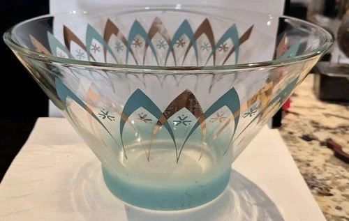 VTG Anchor Hocking Chip Bowl Aqua Gold Atomic Starburst Mid Century Modern MCM