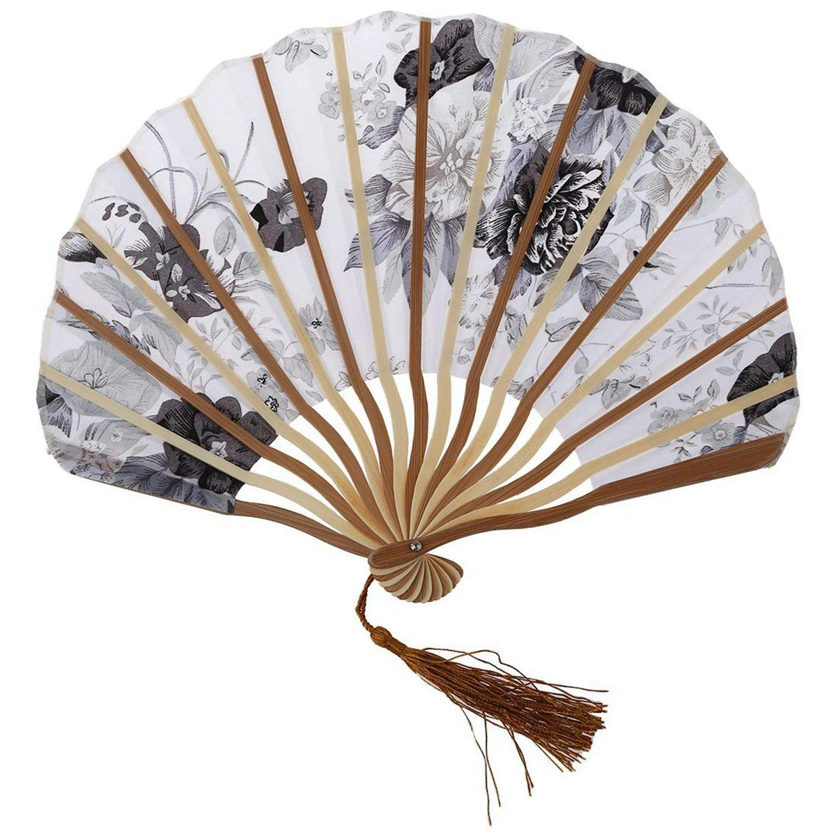 2 Pcs Chinese Gray Peony Blossom Fabric Bamboo Folding Dancing Hand Fan3453