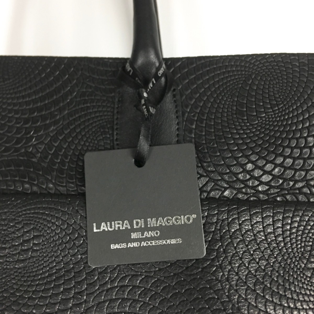 Laura Di Maggio Tote Bag Black Leather Embossed Travel Carry All 