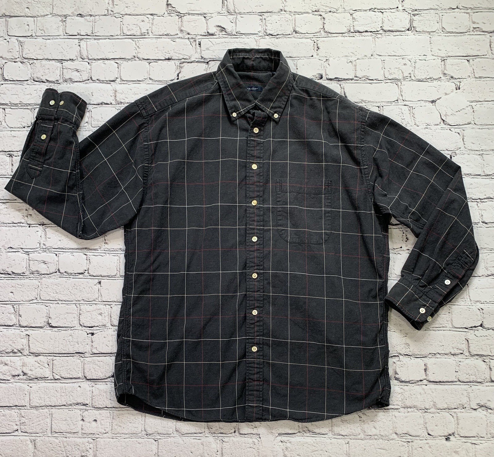 Burberry London Men's XL Gray Plaid Button Up Shirt 100% Cotton USA Made