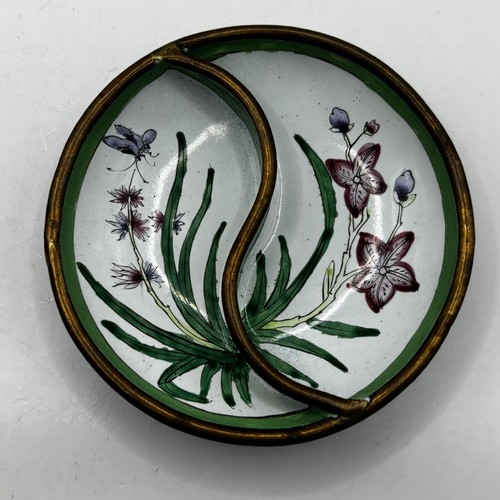 RARE Chinese Divided Dish Enamel Over Brass 3.75”
