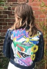 Hand Painted Dark Blue Vintage Lee Denim Jacket Uk 8 Small