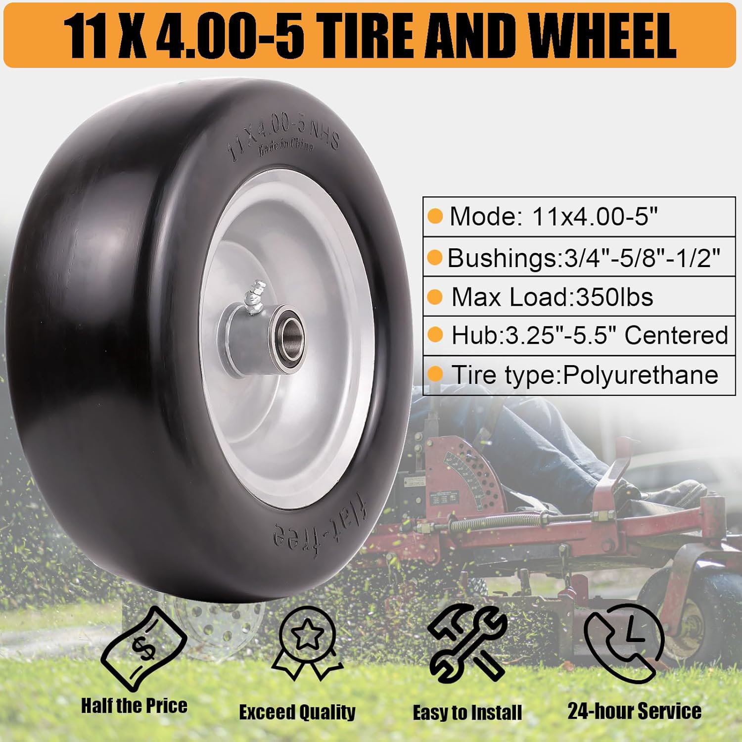 11x4.00-5 lawn mower tires flat free, Solid Smooth Tires and Wheel with 3/4
