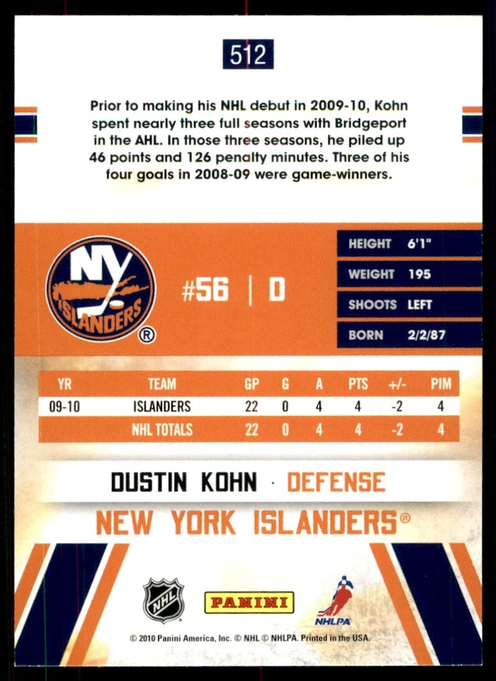 2010-11 Score Dustin Kohn RC #512 - Image 2 of 2