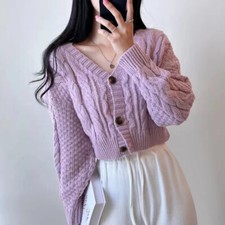 Women V-Neck Knitted Cardigan Sweater Casual Retro Twist Long Sleeve Short Coat