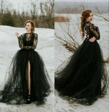 Black Lace Tulle Gothic Wedding Dresses Sexy Sheer Top Slit Dress Bridal Gowns