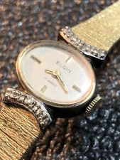 Vintage ELGIN Women’s Mechanical 17 Jewel Watch 6 Diamonds 10K RGP Runs