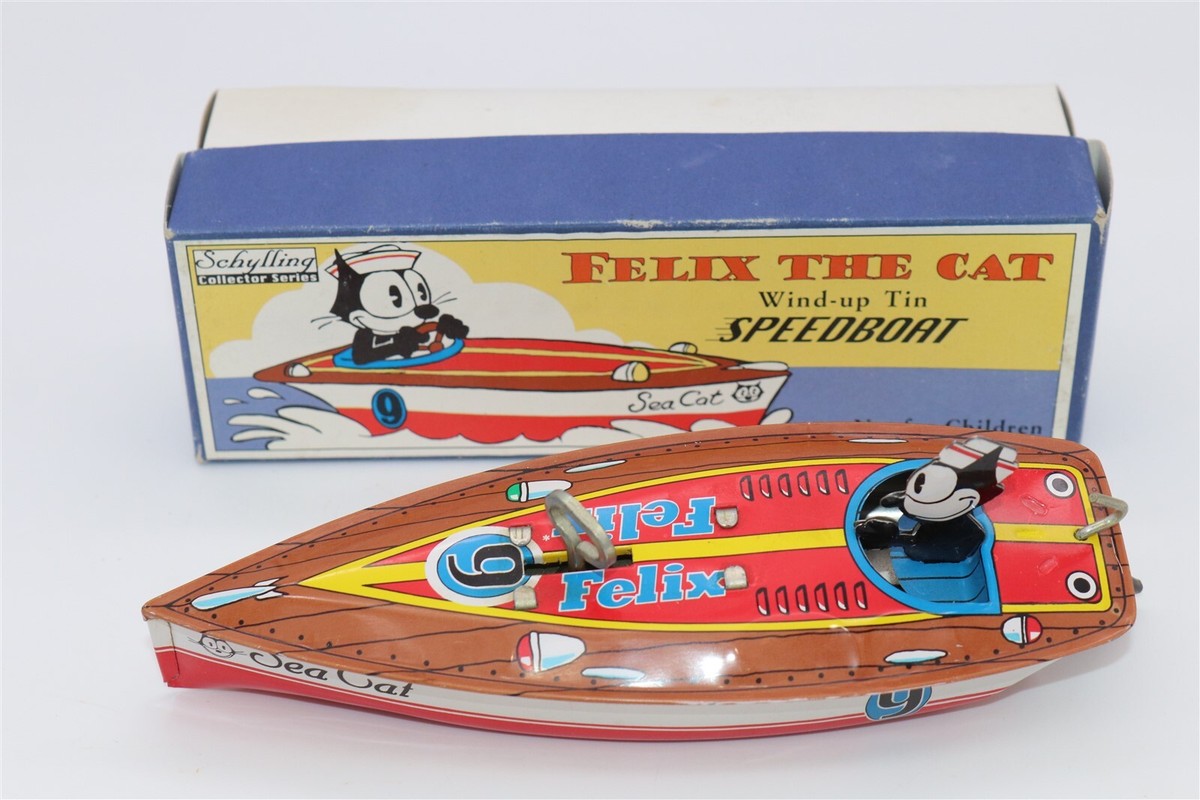 Vintage Felix The Cat Wind-Up Tin Toy Speedboat Schylling