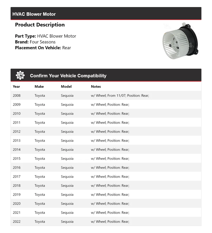 Motor soplador trasero 4 estaciones 2009 2010 2011 para Toyota Sequoia 2008-2022 Foto 2 de 4