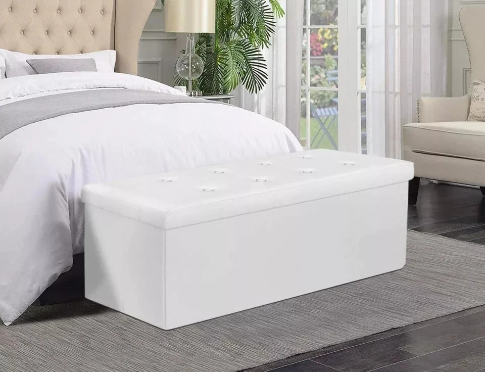 Faux Leather Folding Storage Ottoman Bench 43" White Modern Seat Toy Box Footres - Image 4 of 4
