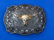 LARGE Silver Tone Texas Longhorn Belt Buckle by Jeans Friend - Flower pattern