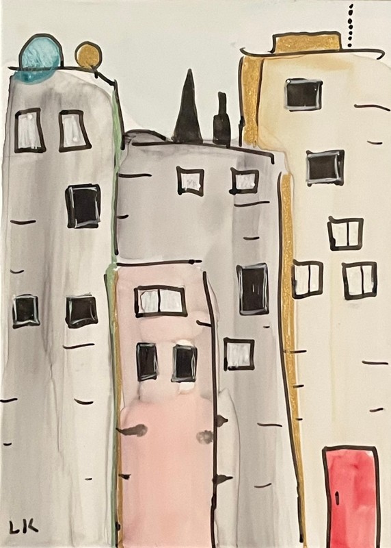 ACEO original buildings rooftops red door painting by Lynne Kohler 2.5x3.5"