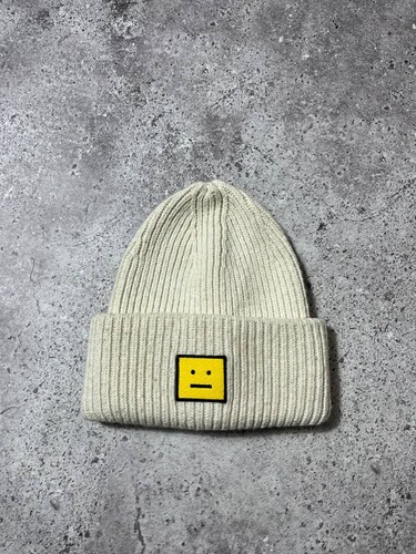 Acne Studios Pansy N Face Ribbed Knit Beanie Hat White Wool Unisex One Size