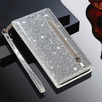Glitzer Klapp Tasche HandyHülle Leder Kartenfach Magnet BookCase Wallet Klappeui