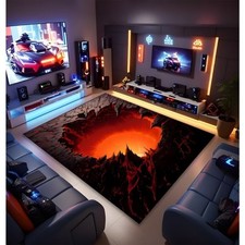 3D Illusion Area Mat - Vibrant Volcano Design, Machine Washable, Non-Slip, Soft