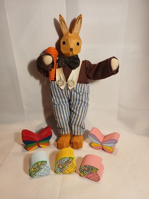 Vtg Hubao Hand Made Wooden Rabbit & 5 Wood Decor/Spring/Easter/Posable Bod/READ