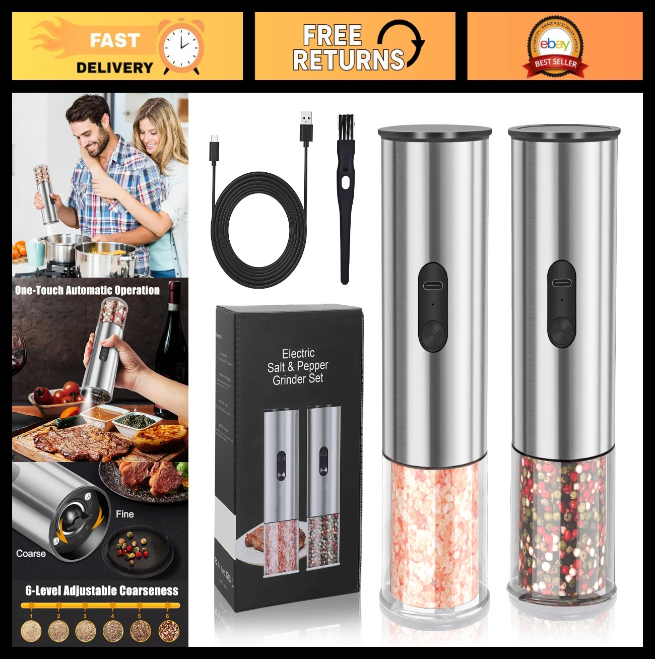 Electric Salt and Pepper Grinder Set - Adjustable Coarseness, One-Hand Operation