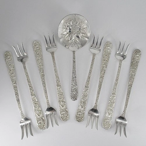 S. Kirk & Son Sterling Repousse 5 3/8" Cocktail Fork(8) & Bon Bon Spoon 188.8gr
