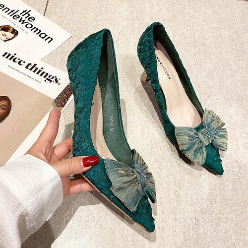 Damenschuhe mittelhohe Pfennigabsatz spitz zulaufend Slipper Schleife Pumps Hochzeit Party - Bild 8 von 12