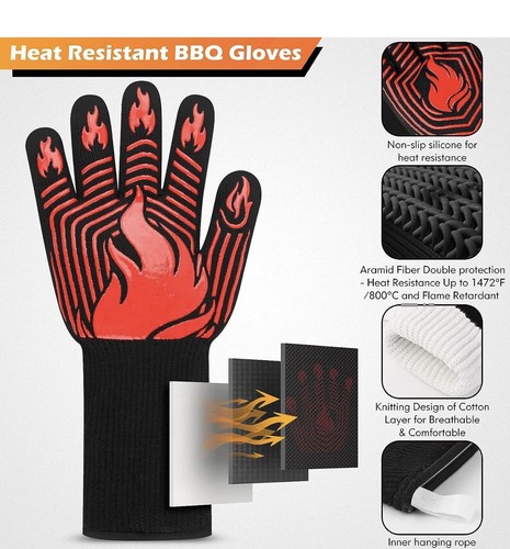 Guantes de barbacoa, guantes ignífugos resistentes al calor 1472 ° F, silicona antideslizantes rojos - Imagen 2 de 5