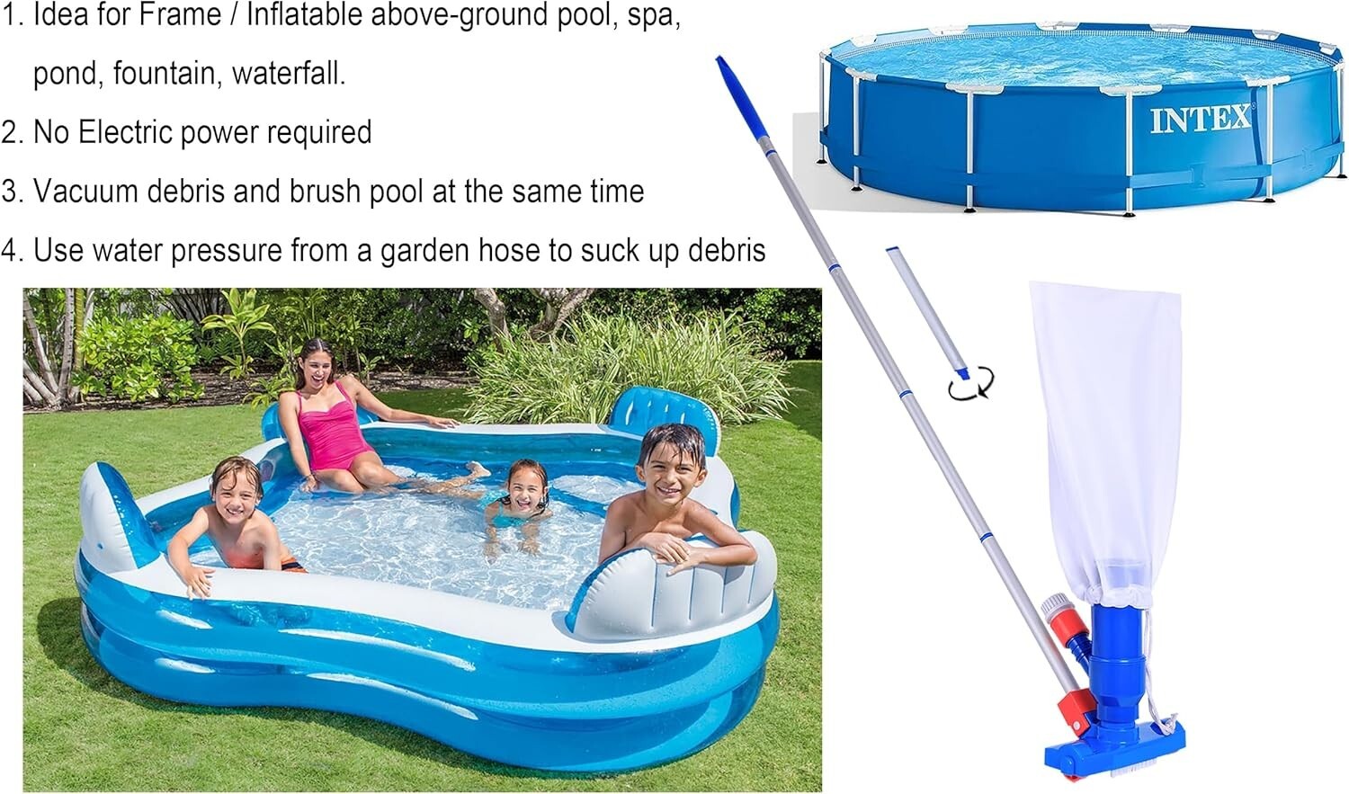 Water Pressure Powered Pool Jet Vacuum with 6 Adjustable Poles - Easy Assembly