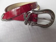 Belt S leather Red faux croc narrow western engrave silver metal buckle MINT  
