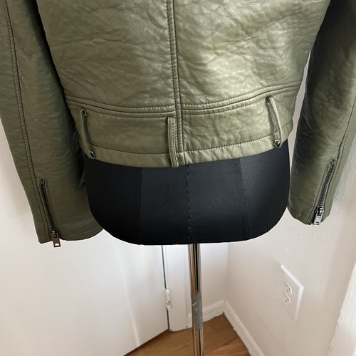Joe’s Jeans faux leather Motorcycle biker jacket olive green L Large Coat Vegan - Picture 8 of 11
