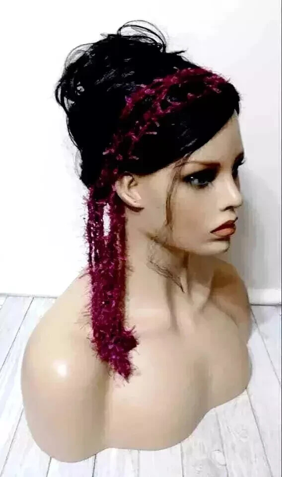 Handmade crochet boho headband hair scarf tie in wine color by USA artisan