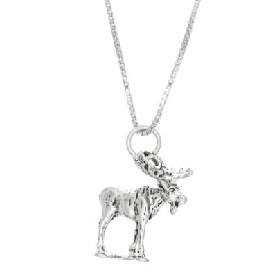 Sterling Silver Medium Size 3D Moose Elk Charm with Necklace
