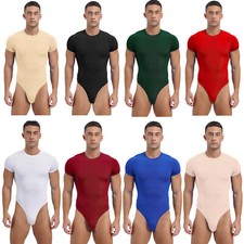 Men's Leotard Round Neck Rompers Crotch Unitards Yoga Bodysuit Short Sleeves
