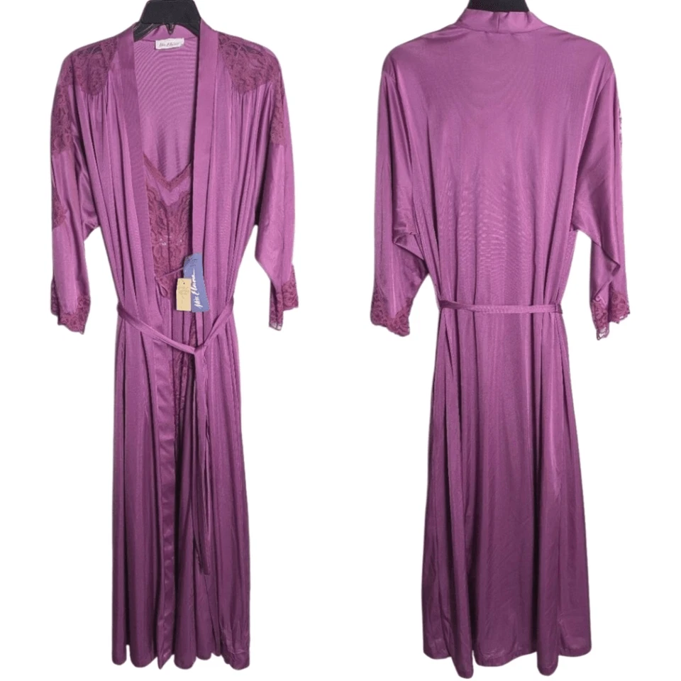 Conjunto Lencería Camisón y Bata Vintage Años 80 Miss Elaine Púrpura Encaje M Foto 2 de 4