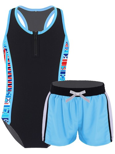 Kids Girls Swimsuit Sleeveless Floral Print Leotard with Shorts Bathing Suit - Picture 82 of 90