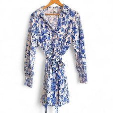 H&M Shirt Dress Woman's XL Blue White Button Down Floral Print Belted