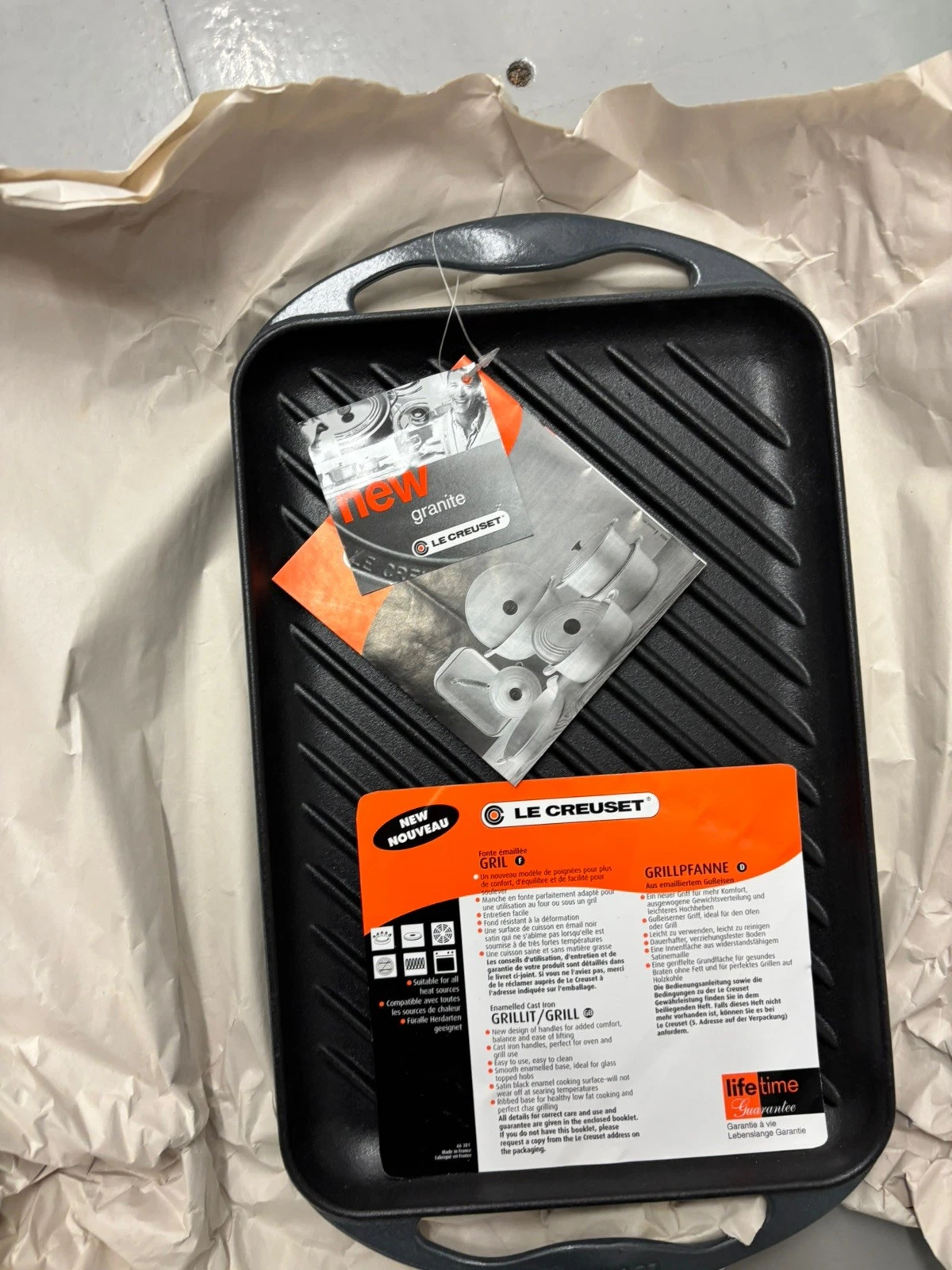 LE CREUSET Cast Iron Enameled Griddle Pan Granite Grey
