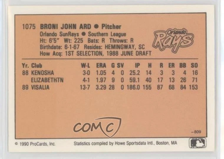 1990 CMC AAA/ProCards A & AA Packs ProCards Johnny Ard #809 - Image 2 of 2