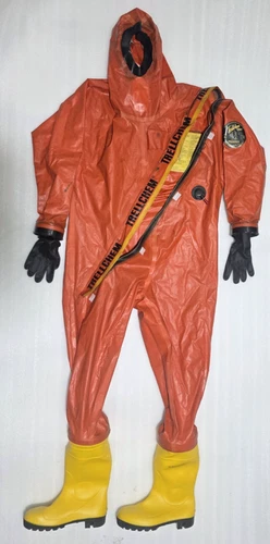 TRELLCHEM LIGHT RED FULL BODY CHEMICAL SUIT SIZE-L TYPE-1B MFG:1997 SHOES NO: 44 - product listing photo