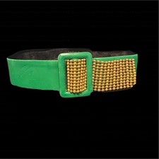 Vintage French Guy Laroche Leather Belt, Kelly Green, Gold Hardware, Adjustable