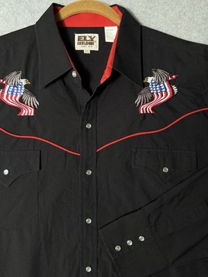 Ely Cattleman Embroidered Flag Eagle Western Shirt Black Pearl Snap Mens XL