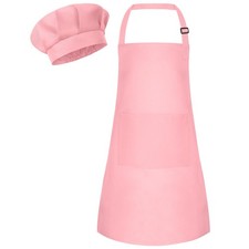 Kids Apron and Chef Hat Set Adjustable with 2 Pockets Pink 1 Set for Cooking