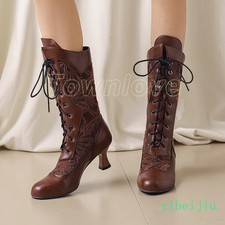 Women's Mid Calf Kitten Heel Ankle Boots Lace Up Leather Shoes Leather Vintage