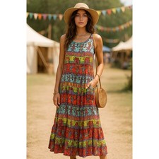 Bila Sz L Multicolor Rayon Maxi Dress Boho Art Print Sleeveless Tiered Pockets
