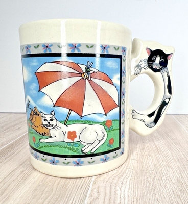 #ad #ad Vintage Cat Coffee Mug Figural Cat Handle Umbrella Cat Scene Ceramic Mug $14.44