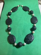 Black Lava Rock And Pearl Necklace 16” B148