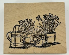 1998 Potted Plants Daffodils Tulips Spring Northwoods Wood Mounted Rubber Stamp